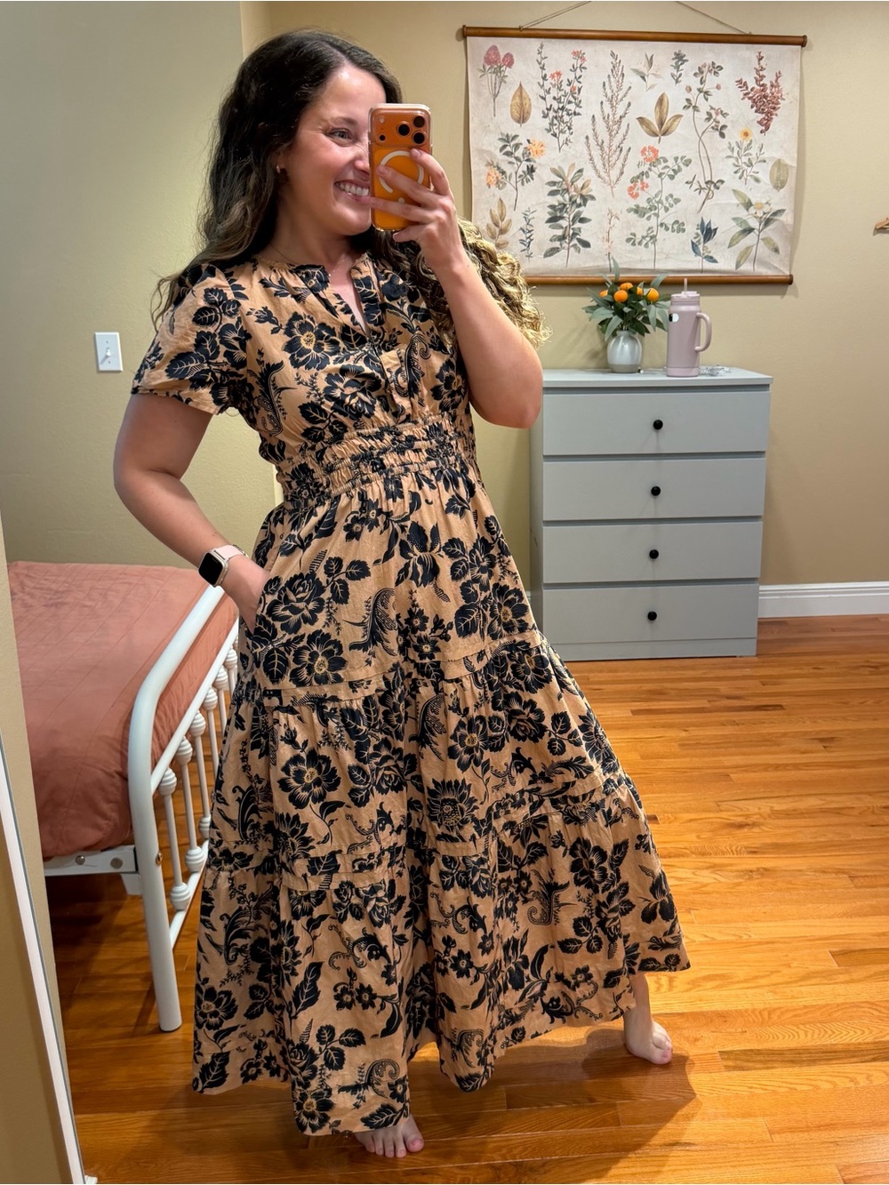 Anthropologie Somerset Tan Floral Tiered Maxi Dress with Smocked Waist Small